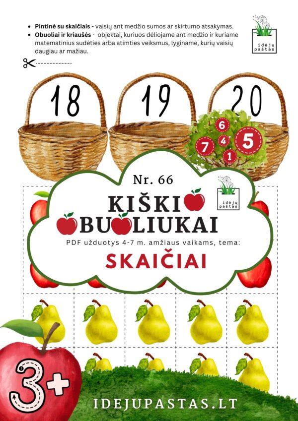 kiškio obuoliukai Nr. 66 SKAIČIAI. UŽDUOTYS APIE SKAIČIUS VAIKAMS PDF šablonai spausdinti skaičių sodas ugdymo priemonės priedai