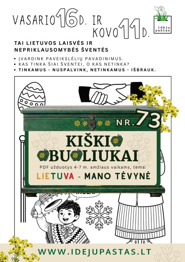Kiškio obuoliukai Nr. 73 - LIETUVA - MANO TĖVYNĖ! UŽDUOTYS VAIKAMS APIE Lietuvą lietuvos šventės kovo 11 vasario 16