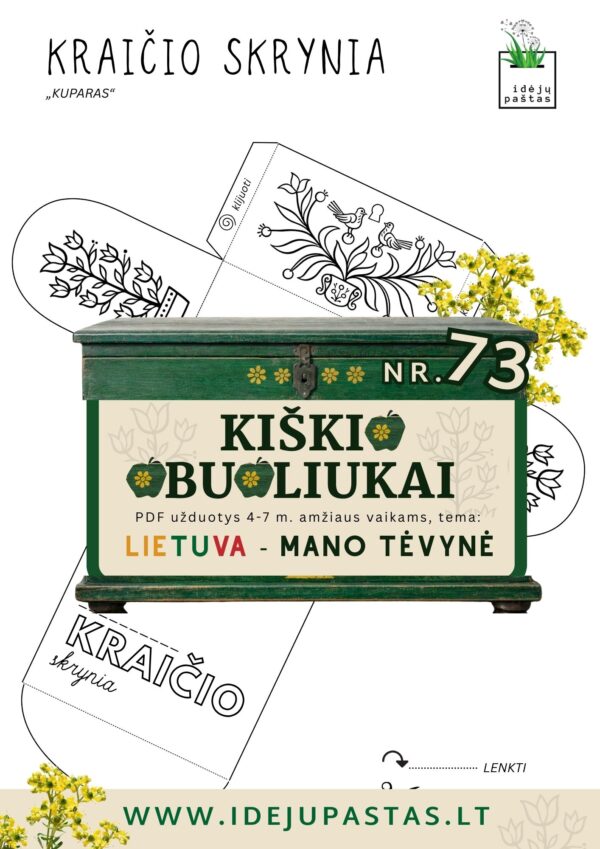 Kiškio obuoliukai Nr. 73 - LIETUVA - MANO TĖVYNĖ! UŽDUOTYS VAIKAMS APIE Lietuvą lietuvos šventės kraičio skrynia kuparas darbelis šablonas