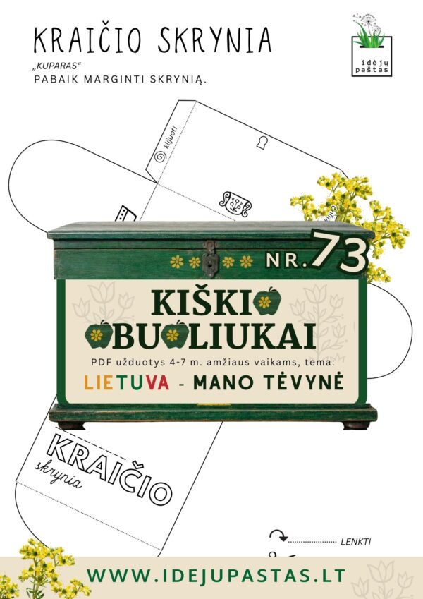 Kiškio obuoliukai Nr. 73 - LIETUVA - MANO TĖVYNĖ! UŽDUOTYS VAIKAMS APIE Lietuvą lietuvos šventės kraičio skrynia kuparas darbelis šablonas marginimas
