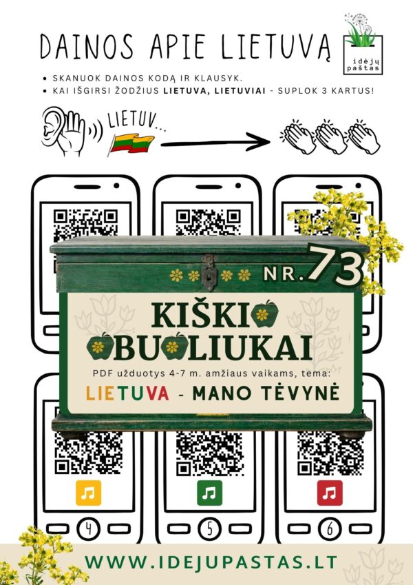 Kiškio obuoliukai Nr. 73 - LIETUVA - MANO TĖVYNĖ! UŽDUOTYS VAIKAMS APIE Lietuvą qr kodai dainos