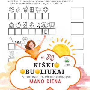 Kiškio obuoliukai Nr. 74 užduotys vaikams mano diena dienos rutina pirmasis žodžio garsas iškirpti įklijuoti higienos priemonės