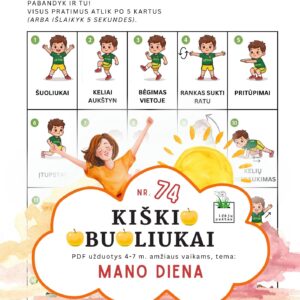 Kiškio obuoliukai Nr. 74 užduotys vaikams mano diena dienos rutina_plakatas mankšta vaikams pratimai kūno mankšta lietuvos marškinėliai