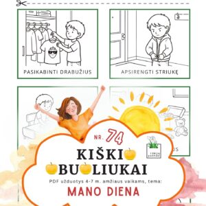 kiškio obuoliukai 74 užduotys vaikams mano diena dienos rutina_kortelės užduotys dienos planavimas dienotvarkė paveikslėliai kabinti drabužius lankstyti rūbus spausdinti spalvinti