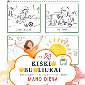 kiškio obuoliukai 74 užduotys vaikams mano diena dienos rutina_kortelės užduotys dienos planavimas dienotvarkė paveikslėliai žaisti lauke pietauti spausdinti spalvinti