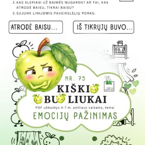 kiškio obuoliukai nr 75 emocijų pažinimas jausmai stiprybės kortelės užduotys ugdymo priemonė ikimokykliniam priešmokykliniam ugdymui netikra baimė