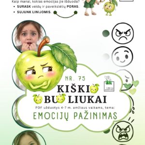 kiškio obuoliukai nr 75 emocijų pažinimas jausmai stiprybės kortelės užduotys ugdymo priemonė ikimokykliniam priešmokykliniam ugdymui veidai emocijos emociukai