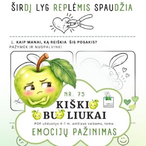kiškio obuoliukai nr 75 emocijų pažinimas jausmai stiprybės kortelės užduotys ugdymo priemonė ikimokykliniam priešmokykliniam ugdymui lietuviškas posakis širdį replėmis spaudžia