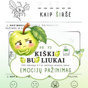 kiškio obuoliukai nr 75 emocijų pažinimas jausmai stiprybės kortelės užduotys ugdymo priemonė ikimokykliniam priešmokykliniam ugdymui lietuviškas posakis piktas kaip širšė