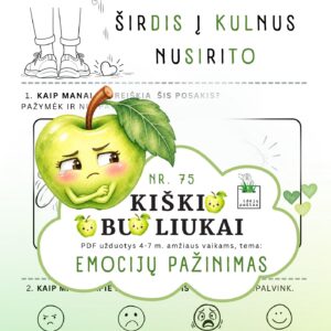 kiškio obuoliukai nr 75 emocijų pažinimas jausmai stiprybės kortelės užduotys ugdymo priemonė ikimokykliniam priešmokykliniam ugdymui lietuviškas posakis širdis į kunus nusirito