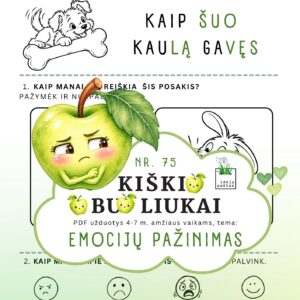 kiškio obuoliukai nr 75 emocijų pažinimas jausmai stiprybės kortelės užduotys ugdymo priemonė ikimokykliniam priešmokykliniam ugdymui lietuviškas posakis džiaugiasi kaip šuo kaulą gavęs
