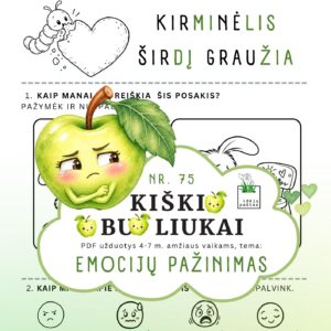 kiškio obuoliukai nr 75 emocijų pažinimas jausmai stiprybės kortelės užduotys ugdymo priemonė ikimokykliniam priešmokykliniam ugdymui lietuviškas posakis kirminėlis širdį graužia