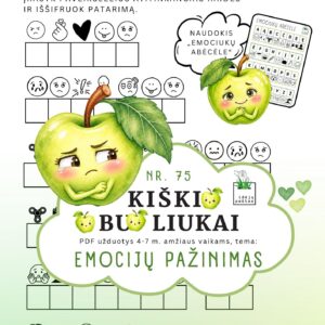 kiškio obuoliukai nr 75 emocijų pažinimas jausmai stiprybės kortelės užduotys ugdymo priemonė ikimokykliniam priešmokykliniam ugdymui emociukų abėcėlė iššifruok patarimas