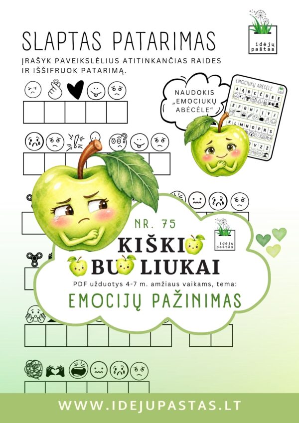 kiškio obuoliukai nr 75 emocijų pažinimas jausmai stiprybės kortelės užduotys ugdymo priemonė ikimokykliniam priešmokykliniam ugdymui emociukų abėcėlė iššifruok patarimas