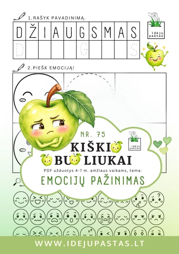 kiškio obuoliukai nr 75 emocijų pažinimas jausmai stiprybės kortelės užduotys ugdymo priemonė ikimokykliniam priešmokykliniam ugdymui džiaugsmas