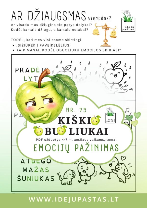 kiškio obuoliukai nr 75 emocijų pažinimas jausmai stiprybės kortelės užduotys ugdymo priemonė ikimokykliniam priešmokykliniam ugdymui ar džiaugsmas vienodas