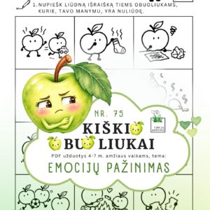 kiškio obuoliukai nr 75 emocijų pažinimas jausmai stiprybės kortelės užduotys ugdymo priemonė ikimokykliniam priešmokykliniam ugdymui kas liūdina