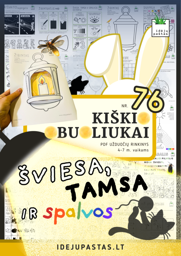 Kiškio obuoliukai Nr. 76 ŠVIESA, TAMSA IR SPALVOS_pdf užduotys vaikams + interaktyvus žaidimas